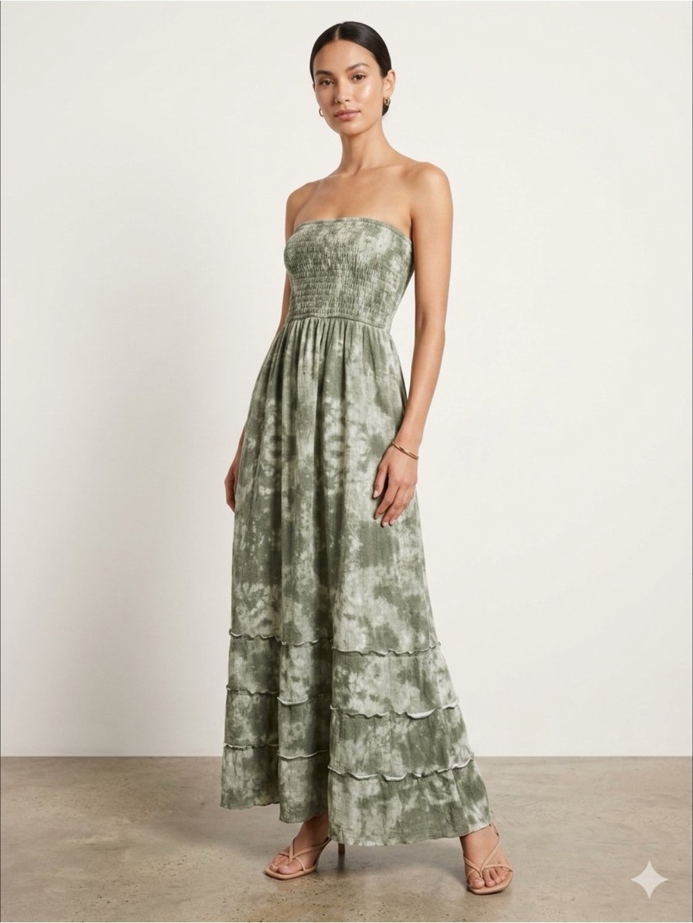 Toxik3 Sage Green Tie Dye Boho Festival Smocked Strapless Tiered Maxi Dress M